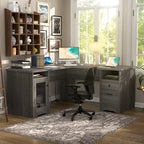 Bureau d'angle style ferme moderne avec classeur et tiroirs, bureau de direction avec station de recharge pour bureau à domicile