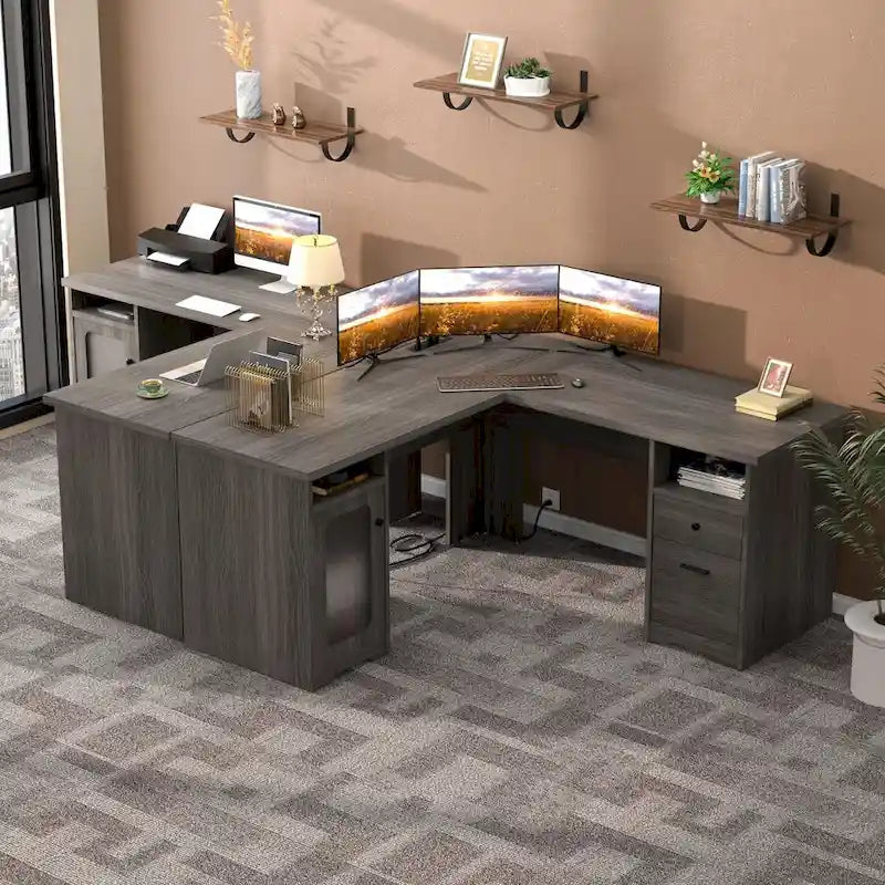 Bureau d'angle style ferme moderne avec classeur et tiroirs, bureau de direction avec station de recharge pour bureau à domicile