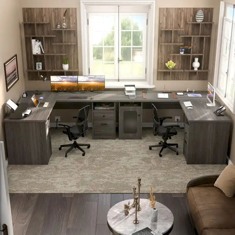 Bureau d'angle style ferme moderne avec classeur et tiroirs, bureau de direction avec station de recharge pour bureau à domicile