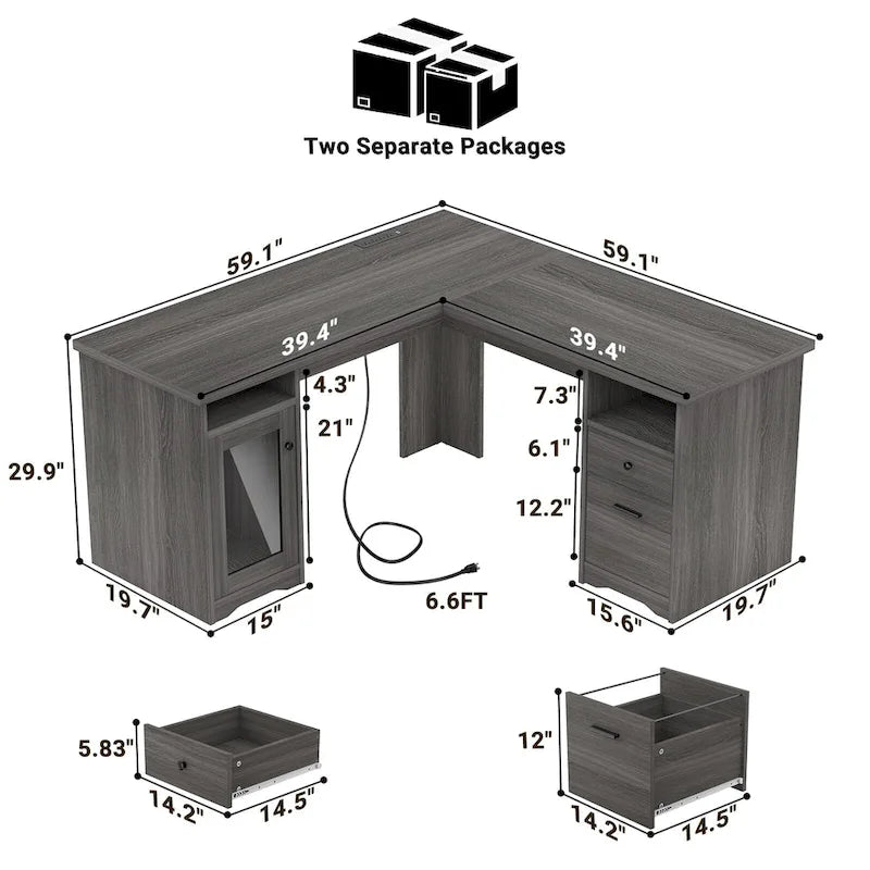 Bureau d'angle style ferme moderne avec classeur et tiroirs, bureau de direction avec station de recharge pour bureau à domicile