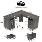 Bureau d'angle style ferme moderne avec classeur et tiroirs, bureau de direction avec station de recharge pour bureau à domicile