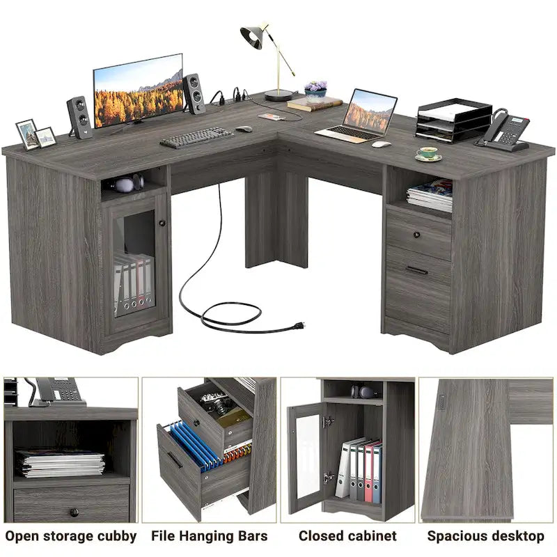 Bureau d'angle style ferme moderne avec classeur et tiroirs, bureau de direction avec station de recharge pour bureau à domicile