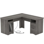 Bureau d'angle style ferme moderne avec classeur et tiroirs, bureau de direction avec station de recharge pour bureau à domicile