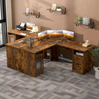 Bureau d'angle style ferme moderne avec classeur et tiroirs, bureau de direction avec station de recharge pour bureau à domicile