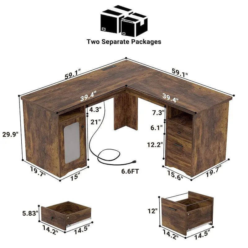 Bureau d'angle style ferme moderne avec classeur et tiroirs, bureau de direction avec station de recharge pour bureau à domicile