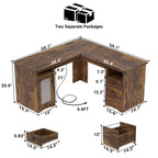 Bureau d'angle style ferme moderne avec classeur et tiroirs, bureau de direction avec station de recharge pour bureau à domicile