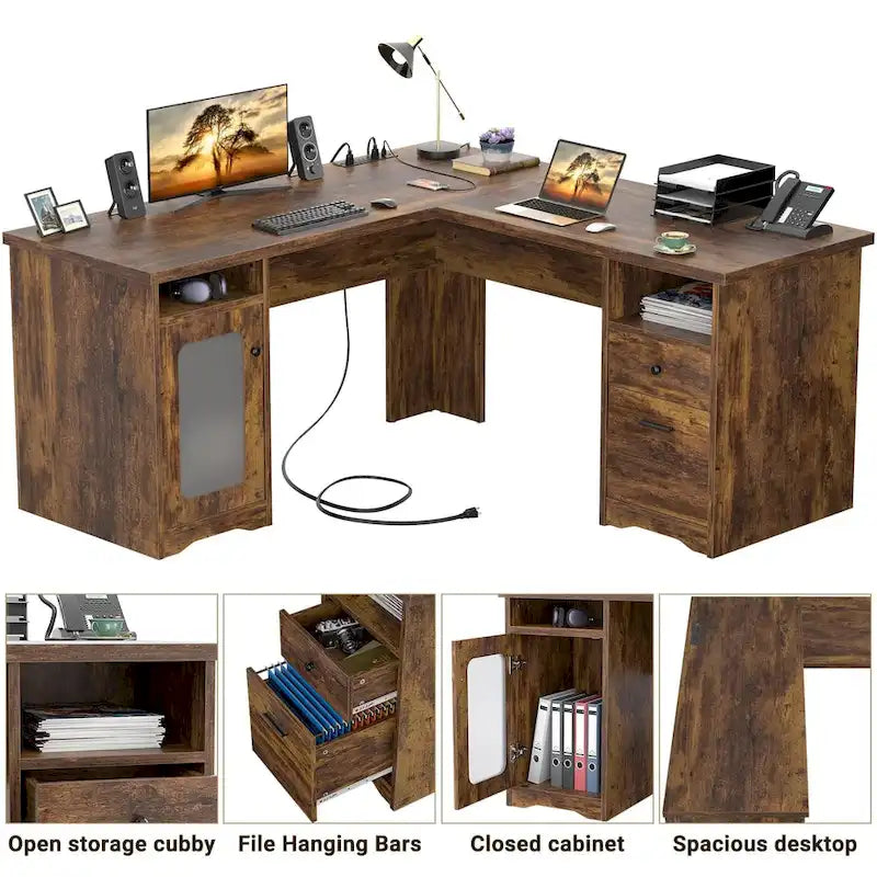Bureau d'angle style ferme moderne avec classeur et tiroirs, bureau de direction avec station de recharge pour bureau à domicile
