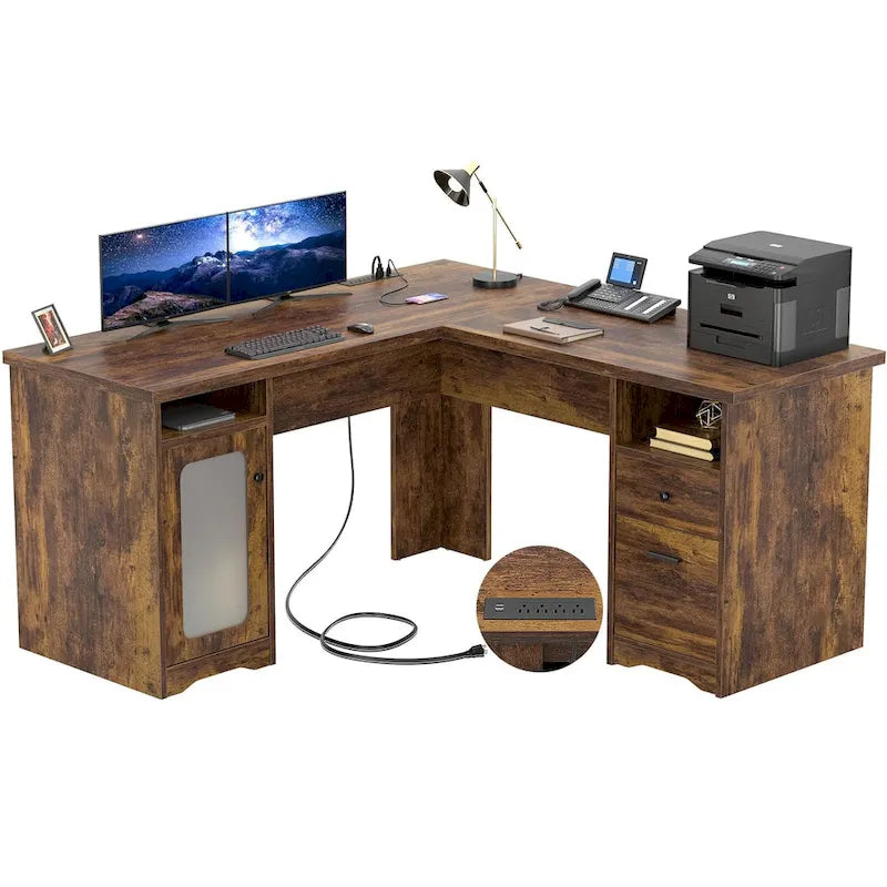 Bureau d'angle style ferme moderne avec classeur et tiroirs, bureau de direction avec station de recharge pour bureau à domicile
