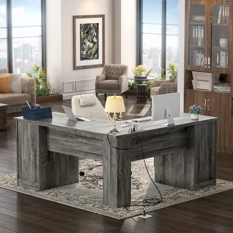 Bureau d'angle style ferme moderne avec classeur et tiroirs, bureau de direction avec station de recharge pour bureau à domicile