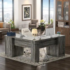 Bureau d'angle style ferme moderne avec classeur et tiroirs, bureau de direction avec station de recharge pour bureau à domicile