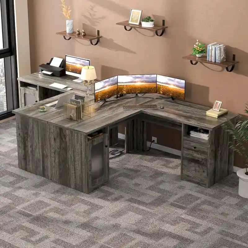 Bureau d'angle style ferme moderne avec classeur et tiroirs, bureau de direction avec station de recharge pour bureau à domicile