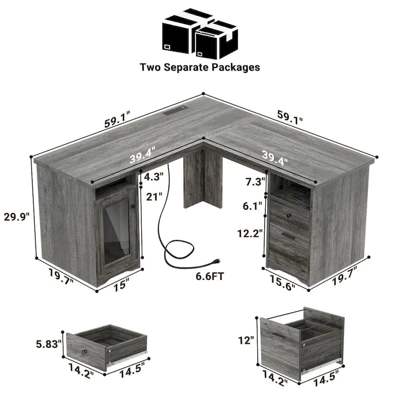 Bureau d'angle style ferme moderne avec classeur et tiroirs, bureau de direction avec station de recharge pour bureau à domicile
