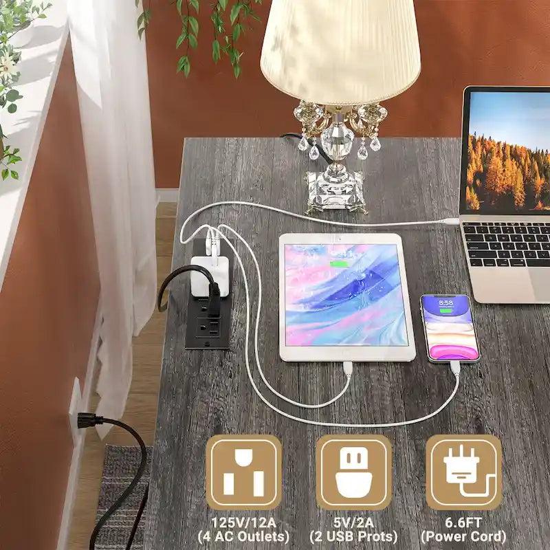 Bureau d'angle style ferme moderne avec classeur et tiroirs, bureau de direction avec station de recharge pour bureau à domicile