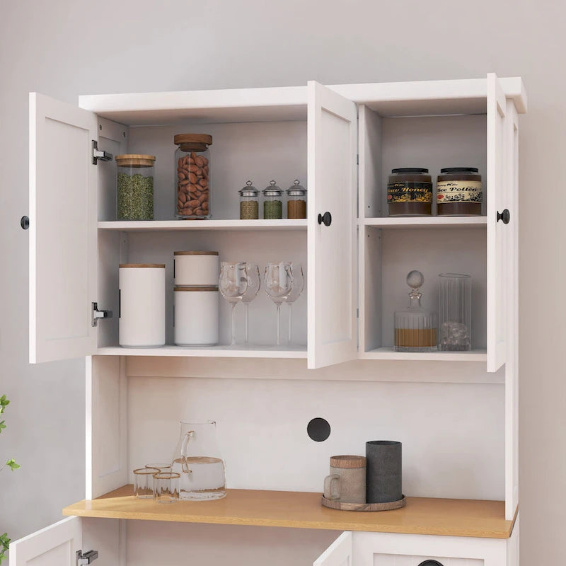 Élément de rangement de cuisine de 71 po avec comptoir pour micro-ondes, armoire vitrée avec étagères réglables, 6 portes, 1 tiroir