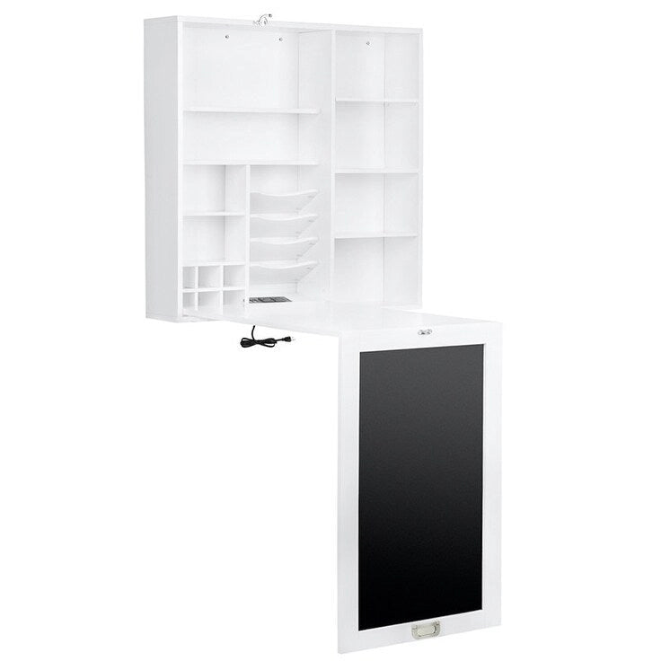 Bureau pliable rabattable avec armoire de rangement et étagères, bureau d'ordinateur avec rangement et chargement USB, blanc