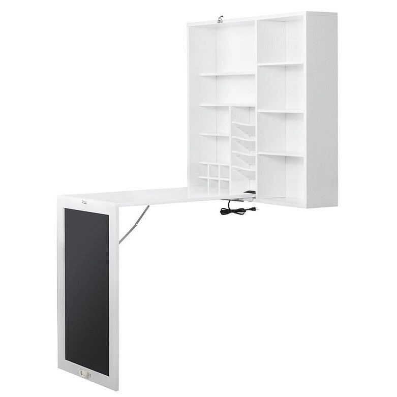 Bureau pliable rabattable avec armoire de rangement et étagères, bureau d'ordinateur avec rangement et chargement USB, blanc