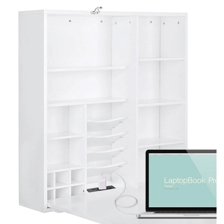 Bureau pliable rabattable avec armoire de rangement et étagères, bureau d'ordinateur avec rangement et chargement USB, blanc