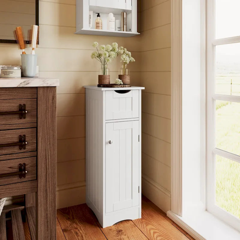 RiverRidge Ashland Single Door Narrow Bathroom and Laundry Storage Cabinet with Drawer and Adjustable Shelves - White